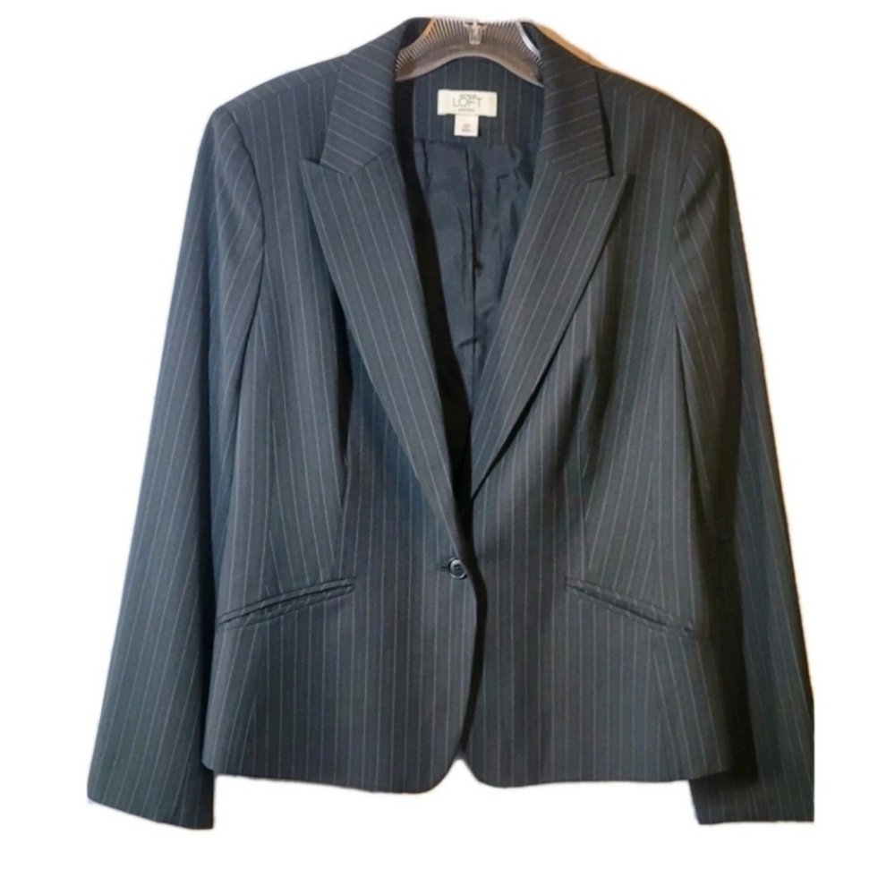 Ann Taylor Loft Petites Womens Black Striped Blazer Jacket Size 12P Corporate